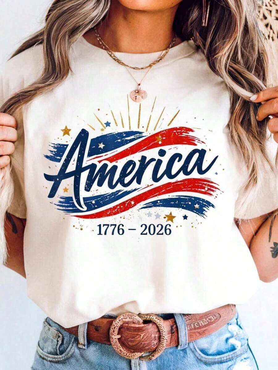 US Flag T-Shirt, Commemorating America's 250th Anniversary, Made In America. Patriotic Gift For The 4th Of July, Independence Day. Unisex 220g Pure Cotton T-Shirt. Ideal Weight For All Seasons, Suitable For Men And Women. Durable, High-Quality Fabric, Soft To The Touch And Long-Lasting. Breathable T-Shirt. Suitable For Spring And Summer, Holidays, Mother's Day, And Independence Day. - 白色 - 查看 1