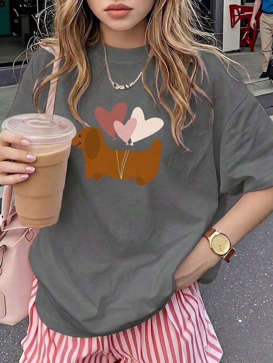 Camiseta de mujer estampada de manga corta para verano, tela de poliéster, estilo multifuncional, corte regular, peso 180 gramos, 1 unidad. - Gris Oscuro - Ver 1