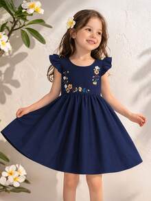 Vestido casual de verão para meninas, com estampa de cor sólida e mangas com babados fluidos, adequado para escola, uso diário e atividades ao ar livre - Azul Marinho - Visão 3
