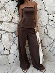 Women's Summer Casual Brown Linen 2-Piece Set, Ruffle Trim Fitted Strapless Top Paired With High Waist Wide Leg Pants, Suitable For Vacation Outfits - Brown - View 4