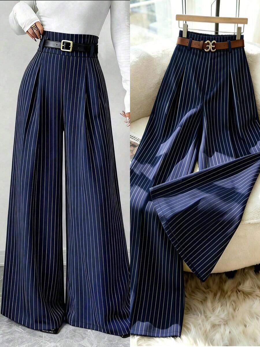 Pantalones de mujer de mezcla de algodón a rayas cómodos, de cintura alta, elegantes y de moda, de alta gama, con pliegues, cintura elástica, rectos, sueltos y de pierna ancha, adecuados para primavera/otoño, uso diario y versátiles - Azul marino - Ver 1