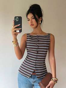 Camisa ajustada sin mangas de mujer con estampado de lunares - Marrón - Ver 3
