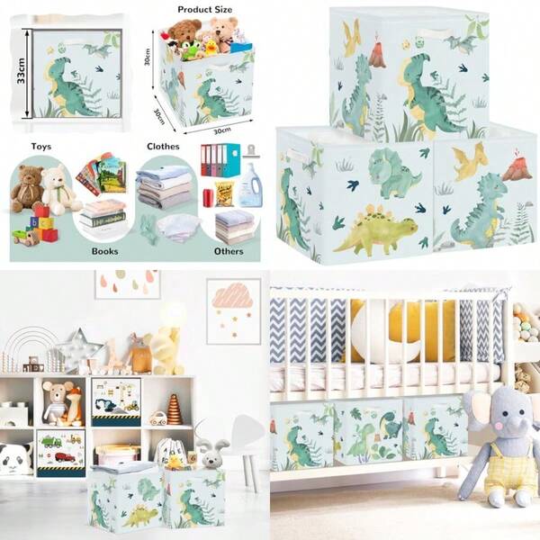 Clastyle 3 piezas dinosaurios niños caja de almacenamiento hoja tela niños niñas cesta de almacenamiento con asas, juguetes cubo de almacenamiento organizador para libros, ropa, volcanes, 30 x 30 x 30