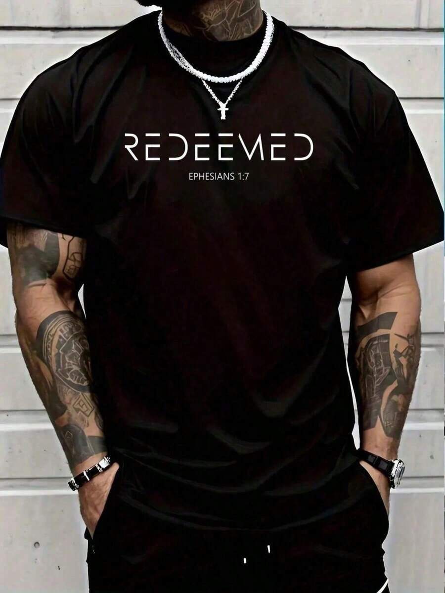 100% Cotton Ephesians 1:7 Christian Bible Verse Redemption Redeemed Graphic T-Shirt For Women And Men, Breathable Printed Short Sleeve Casual Travel Sports T-Shirt - 黑色 2 - 查看 1