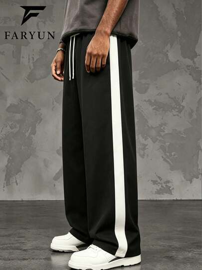 Pantalones casuales de ajuste holgado con cintura con cordón y contraste de color lateral a rayas, estilo de ropa urbana estadounidense, adecuado para el uso diario y la moda callejera, primavera/otoño