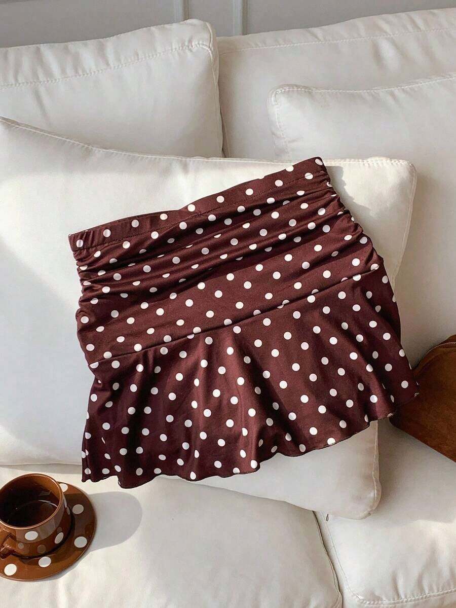 Minifalda acampanada fruncida con estampado de lunares para el verano - Marrón - Ver 1