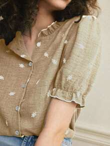 Camisa azul de mujer con cuello con volantes, mangas de pétalos y textura de tela suave, estilo francés casual de vacaciones, primavera/verano - Albaricoque - Ver 2