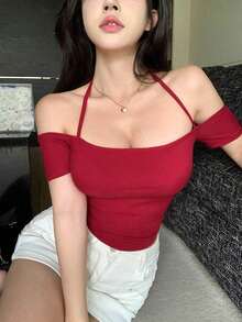 Camiseta de manga corta ajustada con cuello halter para mujeres para ir de fiesta, Tops cortos de verano para mujeres - Rojo - Ver 4