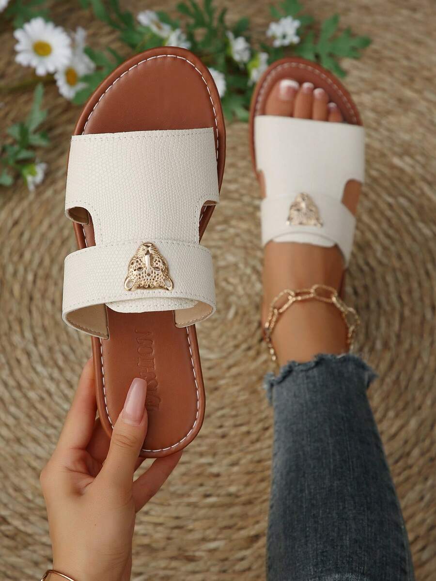 Teens' Strap Flat Slippers With Animal Pattern Decor, Girls' Casual Lightweight Slip-On Beach Sandals