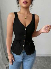 Nuevo Llegado para el Día de San Valentín 2025 Blusa de Tirantes con Cuello en V Profundo, Lazo en la Cintura y Moño para Mujer, Estilizante - Negro - Ver 3