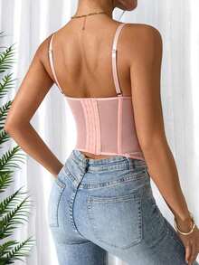 1 pieza Parte superior corta ajustada con adorno de encaje para mujer, top corset ajustado y sexy, adecuado para fiesta, viaje, reunión, Navidad, San Valentín, verano casual negro - Rosa - Ver 4