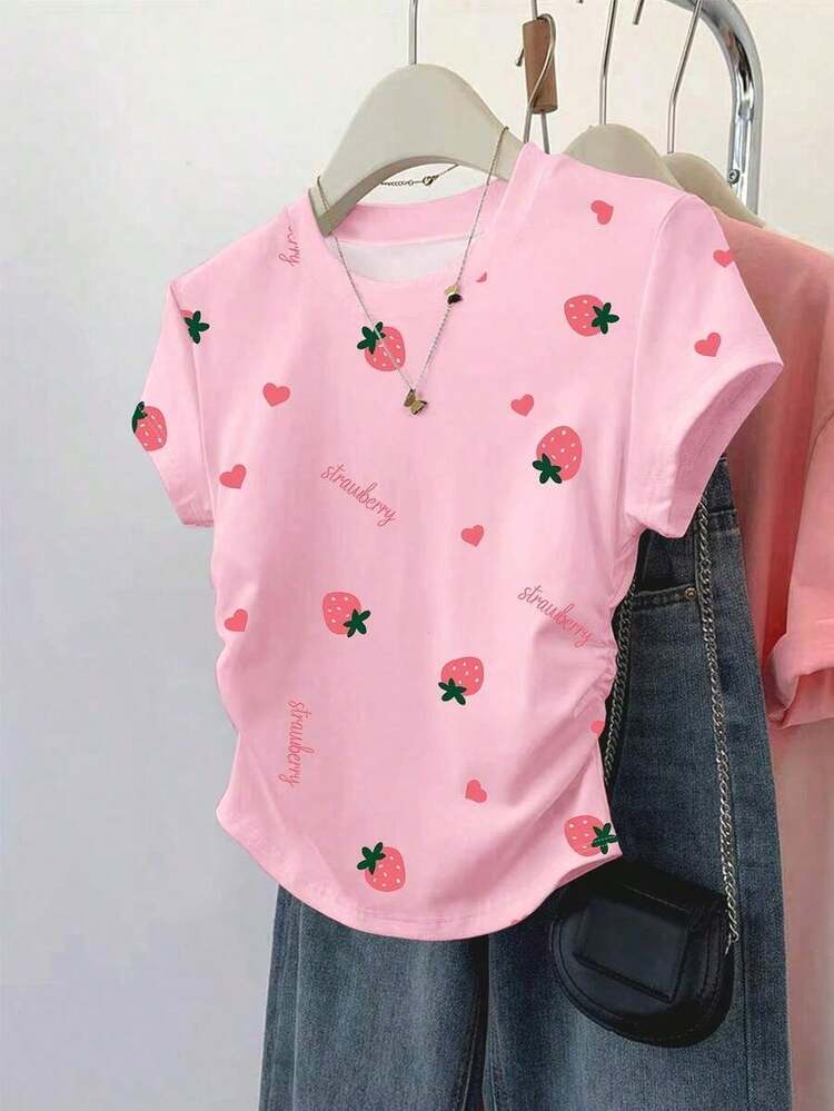 Camiseta ajustada de manga con volantes en degradado con estampado de corazón de fresa y letras, para uso casual, vacaciones y viajes, verano - Rosa 3 - Añade 1