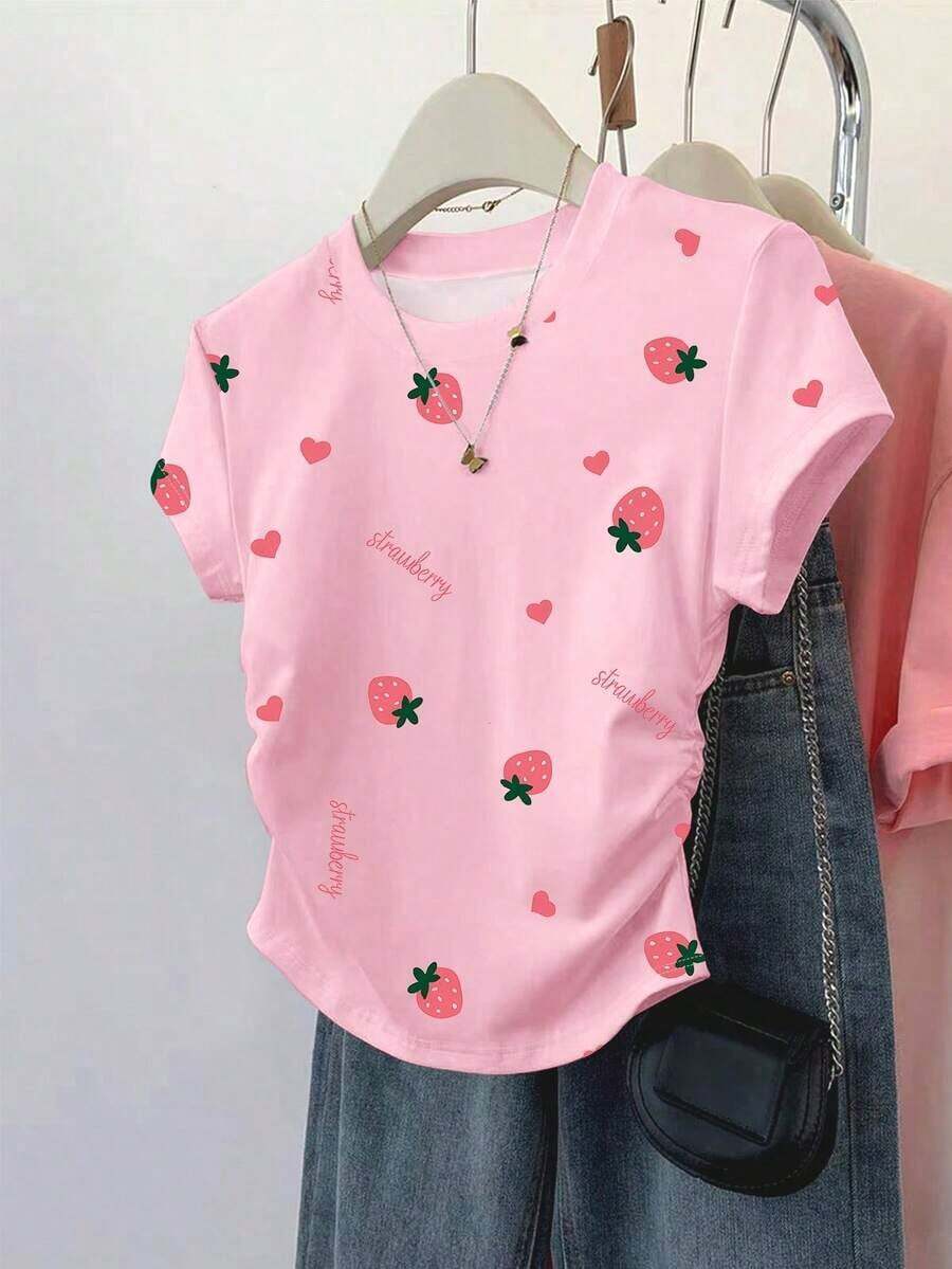 Camiseta ajustada de manga con volantes en degradado con estampado de corazón de fresa y letras, para uso casual, vacaciones y viajes, verano - Rosa 3 - Ver 1