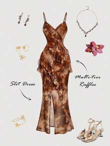 Vestido largo con abertura alta, cuello en V y volantes, con estampado de teñido anudado, vestidos de verano para mujer, vestidos en tonos pastel, vestido de fiesta, atuendo de fiesta, vestido de playa, atuendos de playa para mujer, vestidos ele - Marrón - Ver 2