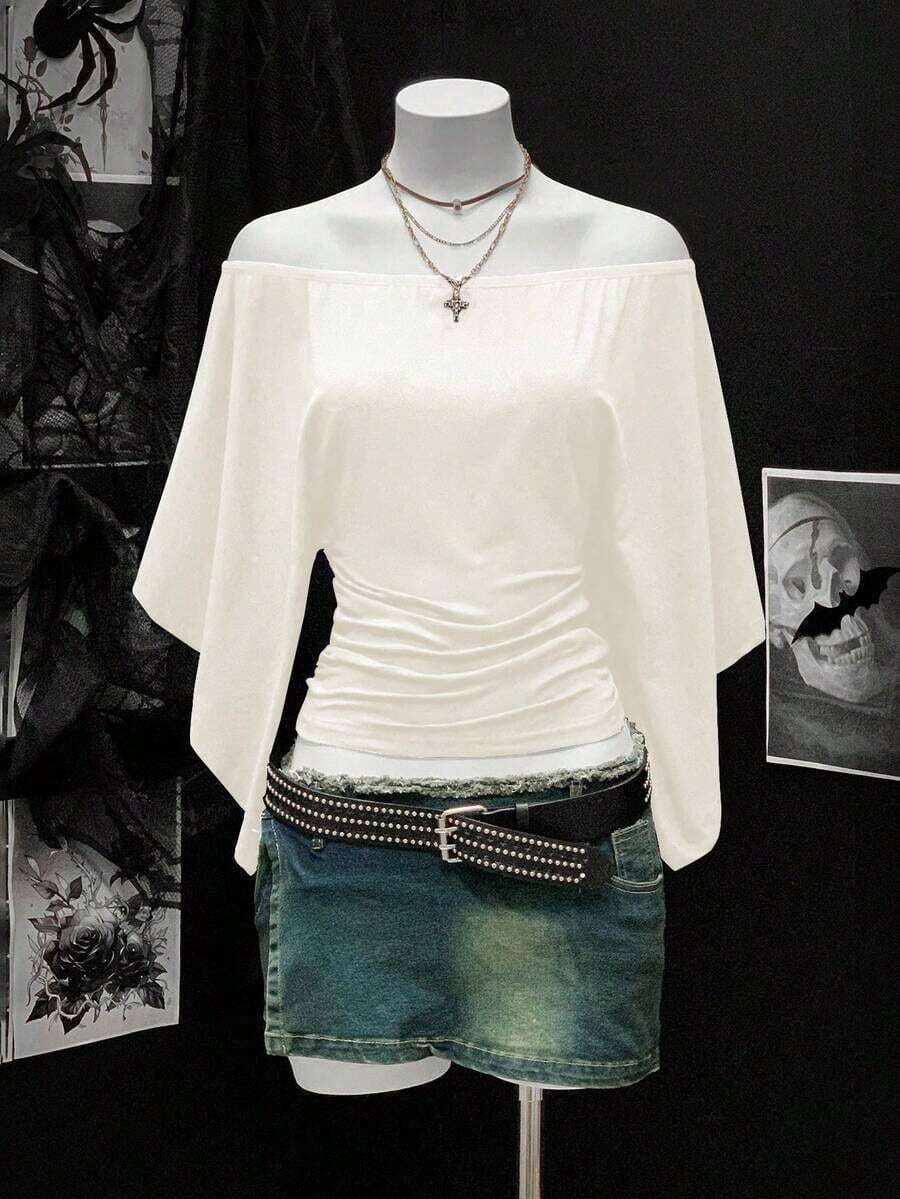 Camiseta retro sexy de mujer con hombros descubiertos, cintura ceñida y pliegues de unicolor - Albaricoque - Ver 1