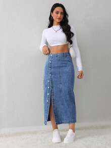 Tall Falda vaquera de mujer, casual, suelta, con abertura lateral, falda midi azul, falda larga para mujeres, falda azul claro, falda azul, ropa de invierno para mujer - Azul lavado medio - Ver 4