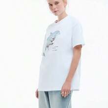 Nuevo estilo de verano, estampado divertido y único, moderno, holgado, casual, vintage, de gran tamaño, estilo lindo, de algodón y manga corta. - Blanco - Ver 4