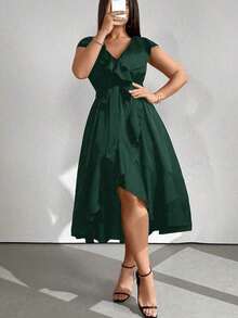 Clasi Vestido de fiesta con cuello en V y ribete de unicolor talla grande, estilo outfit para mujer - Verde Oscuro - Ver 6