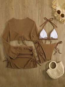 Conjunto de bikini de triángulo de unicolor con pareo para vacaciones en la playa, verano negro - Café integral - Ver 2