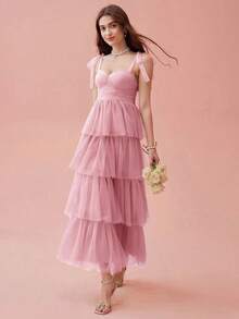 Vestido de mujer elegante de unicolor con tirantes de malla - Rosa - Ver 7