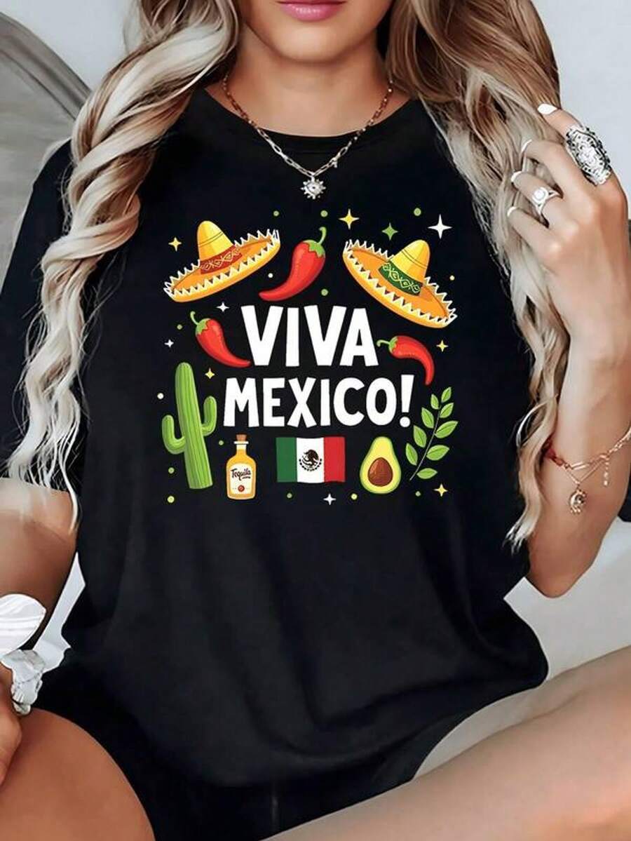 Sombreros con detalles bordados chiles rojos cactus botella de tequila bandera de México y aguacate que transmiten orgullo nacional camiseta de mujer 100% algodón 220g