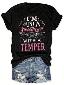 Camiseta casual de manga corta y cuello redondo con estampado de letras de estilo occidental, perfecta para primavera y verano, diseño para mujer - Negro - Ver 5