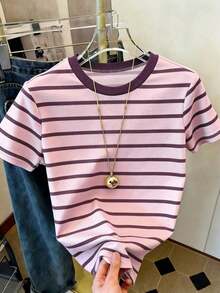 Camiseta de manga corta de cuello redondo con ribete a rayas, casual de verano para mujer - Multicolor - Ver 3