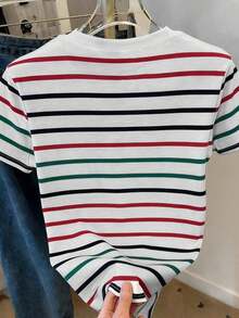 Camiseta de mujer de manga corta, cuello redondo y rayas, informal, para verano - Multicolor - Ver 2