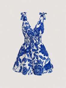 Mono sin mangas con estampado floral, nudo en el hombro y lazo en la cintura para mujer - azul real - Ver 6