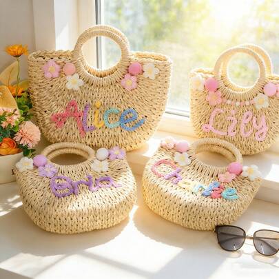 1 chiếc túi đi biển đan bằng rơm cá nhân hóa, túi tote có tên, quà tặng cho phù dâu, túi xách mùa hè phong cách Boho, quà tốt nghiệp, giỏ quà tiệc độc thân, quà cưới/giỏ quà cho bé gái cầm hoa, túi lớn dễ thương cho kỳ nghỉ.