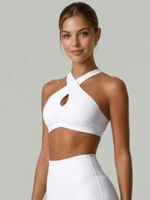 Women's Criss-Cross Halter Yoga Bra, Water Drop Hollow Back Design, Shock-Absorbing Push-Up Sports Bra For Fitness, Running And Training - White - View 6