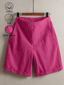 Pantalones de lino minimalistas casuales de unicolor para mujer, talla pequeña - Rosa Fucsia - Ver 8