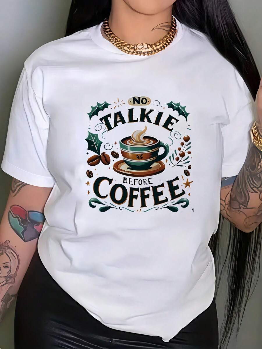 Camiseta Casual de Verano para Mujer Talla Grande - Camiseta de Talla Grande para Mujer - Camiseta divertida con estampado "Sin palabras antes del café", top blanco de cuello redondo, adecuada para uso diario y como regalo para amantes del café, camiseta casual lavable a máquina, camiseta de café, camiseta de corte holgado, diseño estampado fuerte, tela duradera, ajuste cómodo, patrón geométrico, material suave, camiseta de cuello redondo, estilo holgado, camiseta chic y a la moda. - Blanco - Ver 1