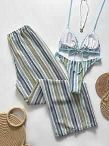 Swim Chiccia Conjunto de bikini a rayas sexy para mujer con pantalones, nueva llegada de trajes de baño para mujer 2026, adecuado para la escuela, vacaciones, citas, té de la tarde, estilo occidental, cruceros, playa, isla, viajes por carretera, todas las estaciones, festivales de música, vacaciones bohemias, vacaciones bohemias, otoño relajado, estilo occidental bohemio, blusas elegantes para mujer - Multicolor 14 - Ver 2