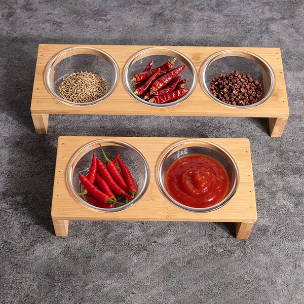 Plat à condiments en verre borosilicaté avec base en bois, plat à sauce, plateau d'amuse-gueules, fournitures de restaurant, réutilisable, lavable au lave-vaisselle, convient pour la sauce soja, les assaisonnements, les plats d'accompagnement, les fêtes, la cuisine, les collations, les fruits, le barbecue, les desserts, design à la mode