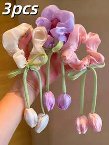 2pcs Lily Of The Valley Hair Scrunchies, [Beige, Blue, Pink, Green, Purple] Multi-Color Lily Of The Valley Hair Ties, Perfect For Summer Beach Photos Ponytail Elastic Hair Ties - Watermelon Pink - View 1