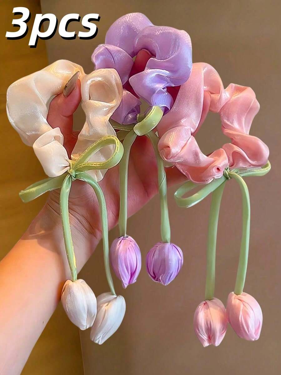 2pcs Lily Of The Valley Hair Scrunchies, [Beige, Blue, Pink, Green, Purple] Multi-Color Lily Of The Valley Hair Ties, Perfect For Summer Beach Photos Ponytail Elastic Hair Ties - Watermelon Pink - View 1