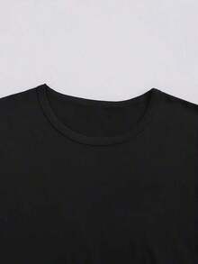 Women's Minimalist Short-Sleeve Casual T-Shirt With Geometric Thai Letter Print - Loose Fit, Crew Neck, Summer Top, Breathable Medium-Stretch Fabric, Machine Washable, Women's T-Shirts, Everyday Comfort, Minimalist Design, Non-See-Through Material. Simple Solid Color T-Shirt For Women, Loose Fit, Casual Short Sleeve. - 黑色 - 查看 5
