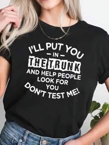 Elegante Top Diario con Estampado de Letras, Camiseta de Manga Corta a la Moda, Camiseta Chic - Negro - Ver 1