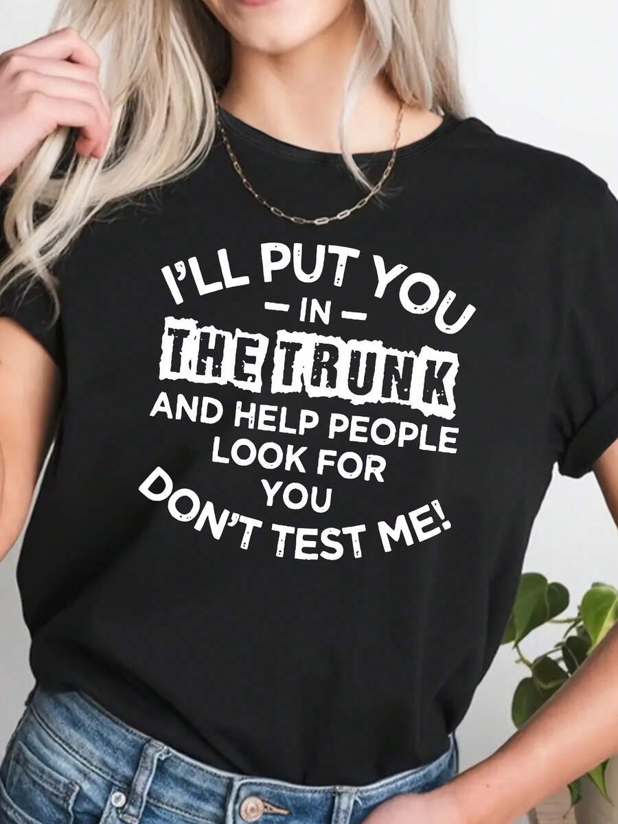 Elegante Top Diario con Estampado de Letras, Camiseta de Manga Corta a la Moda, Camiseta Chic - Negro - Ver 1