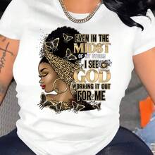 Camiseta con Estampado de Retrato de Dibujos Animados y Letras, Top Casual de Manga Corta para Primavera y Verano, Ropa de Mujer - Blanco - Ver 6