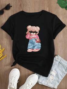 Women's Oversized Brown T-Shirt With  Bear Print. Loose-Fitting Round Neck T-Shirt With A Pink Bear Wearing Glasses. Casual Short-Sleeved T-Shirt With A  Bear, Chic And Youthful Style. - YH484-黑色 - 查看 2