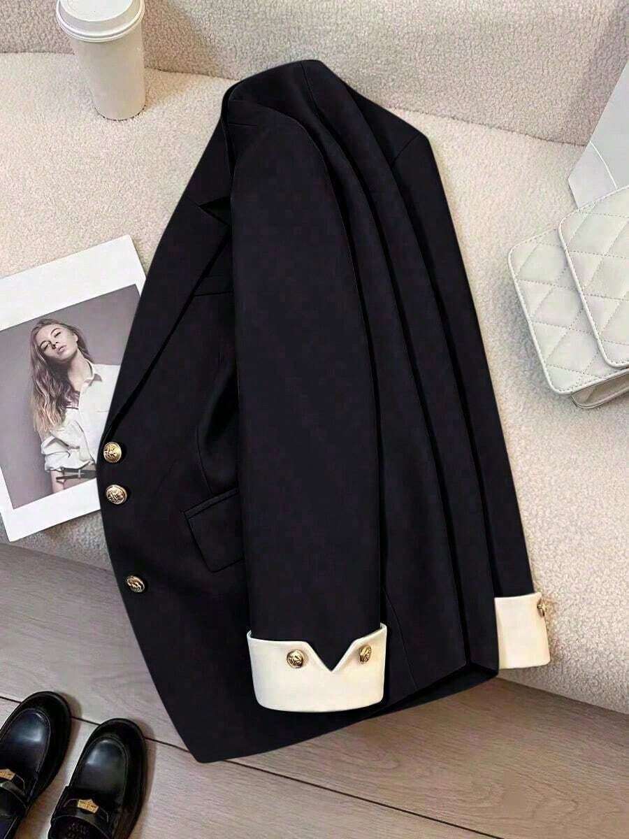Blazer casual con cuello de solapa y botones para mujer, primavera - Negro - Ver 1
