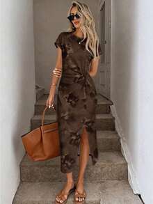 Vestido midi sin mangas con abertura alta, estampado elegante de lazo a rayas rosa, estilo minimalista casual; Vestido de punto de textura casual ajustado para mujer; Conjunto de fitness para mujer; Vestido de invitada de boda para mujer; Atuen - Multicolor 6 - Ver 2