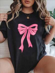 Camiseta Casual de Manga Corta para Mujer Estilo Vintage - Diseño de Lazo Rosa sobre Camiseta Blanca, Cuello Redondo, Top de Verano, Lavable a Máquina, Camisetas para Damas, Ropa Casual, Estilo Moderno, Ajuste Cómodo  
 -WhiteFashion - Negro - Ver 1