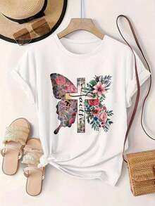 Camiseta Casual de Manga Corta para Mujer Estilo Vintage - Diseño Floral de Mariposa y Cruz, Cuello Redondo, Top de Verano, Lavable a Máquina, Camisetas para Damas, Ropa Casual, Estilo Moderno, Ajuste Cómodo  
 -WhiteFashion - Blanco - Ver 2
