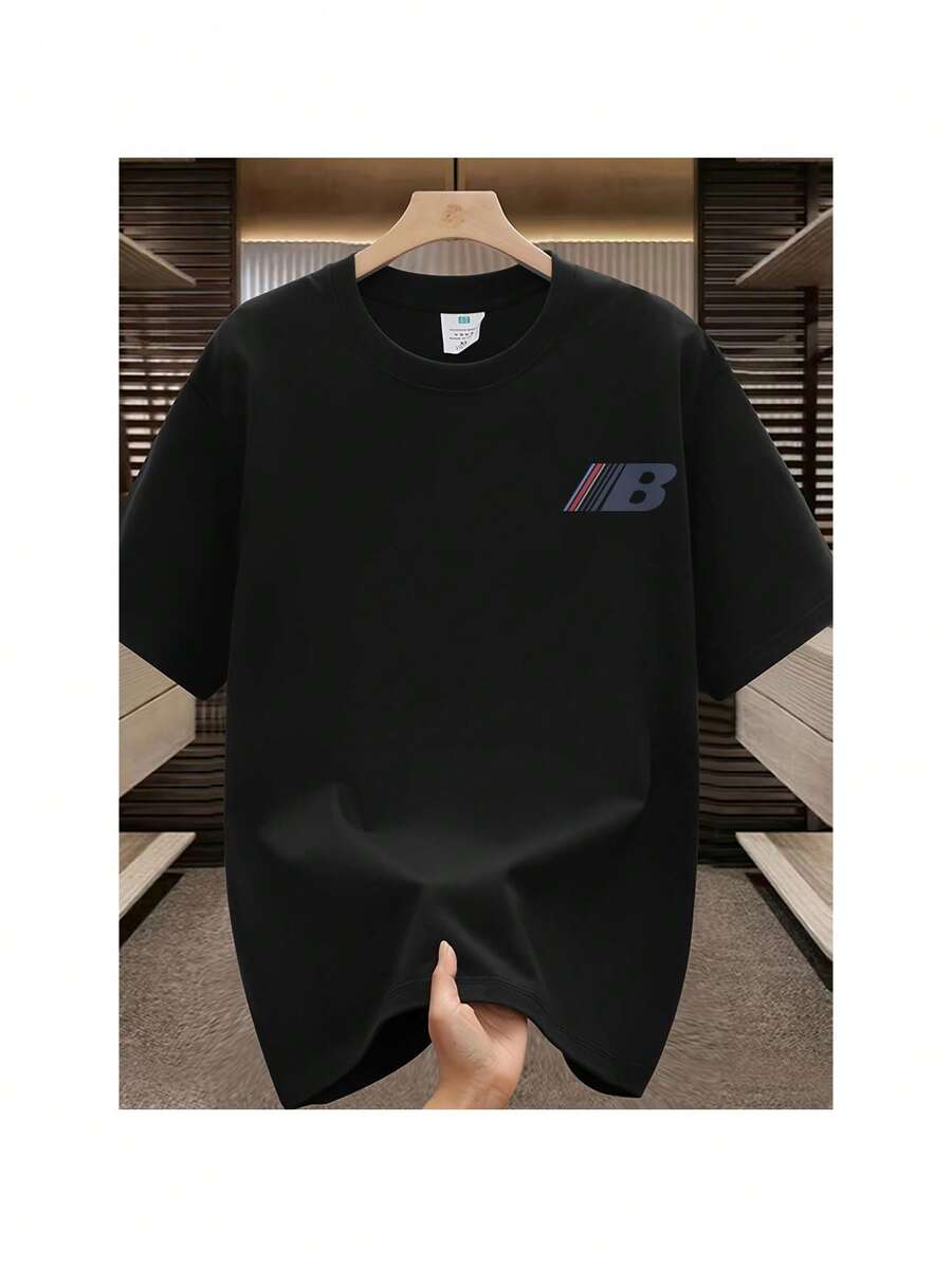 [Cotton T-Shirt] Men's Casual Cotton T-Shirt | 180gsm | Cotton | Crew Neck, Slight Stretch, Heavyweight Knit Fabric, Loose Fit | Summer Top | independence Day, Thanksgiving, Christmas, Father's Day - Preto - Ver 1
