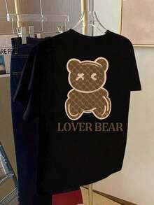 Camiseta de manga corta de talla grande para mujer - Camiseta básica casual de corte holgado, elegantes tops de poliéster, camiseta de manga corta con estampado frontal y trasero - LOVER BEAR, estampado de pareja de osos - Camiseta estampada de primavera/verano para mujer, artículo de moda transpirable y cómodo. - Negro - Ver 2