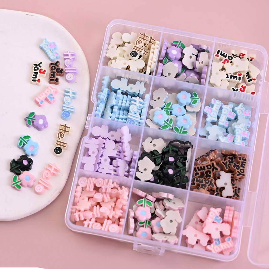 Bộ trang trí nhựa hỗn hợp 12 ô, trang trí nghệ thuật móng tay, phụ kiện thủ công DIY, vật liệu làm trang sức, dự án thủ công thiết kế hoa & chữ
