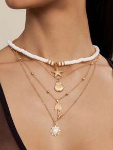 Altistry Soft Pottery Vintage Sun Multilayer Necklace For Women Summer Beach Starfish Shell Coconut Tree Pendant Necklace Women 2025 - Multicolor - View 3